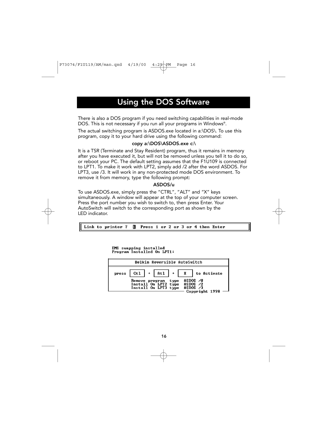Belkin F1U119 user manual Using the DOS Software 
