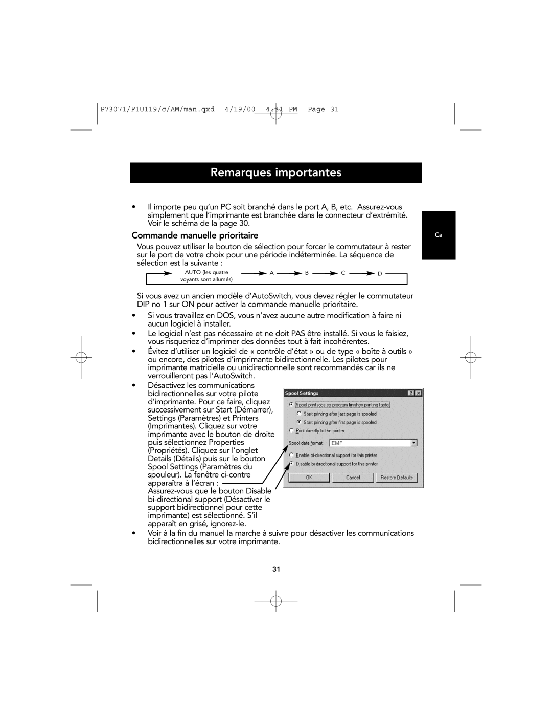Belkin F1U119 user manual Remarques importantes, Commande manuelle prioritaire 