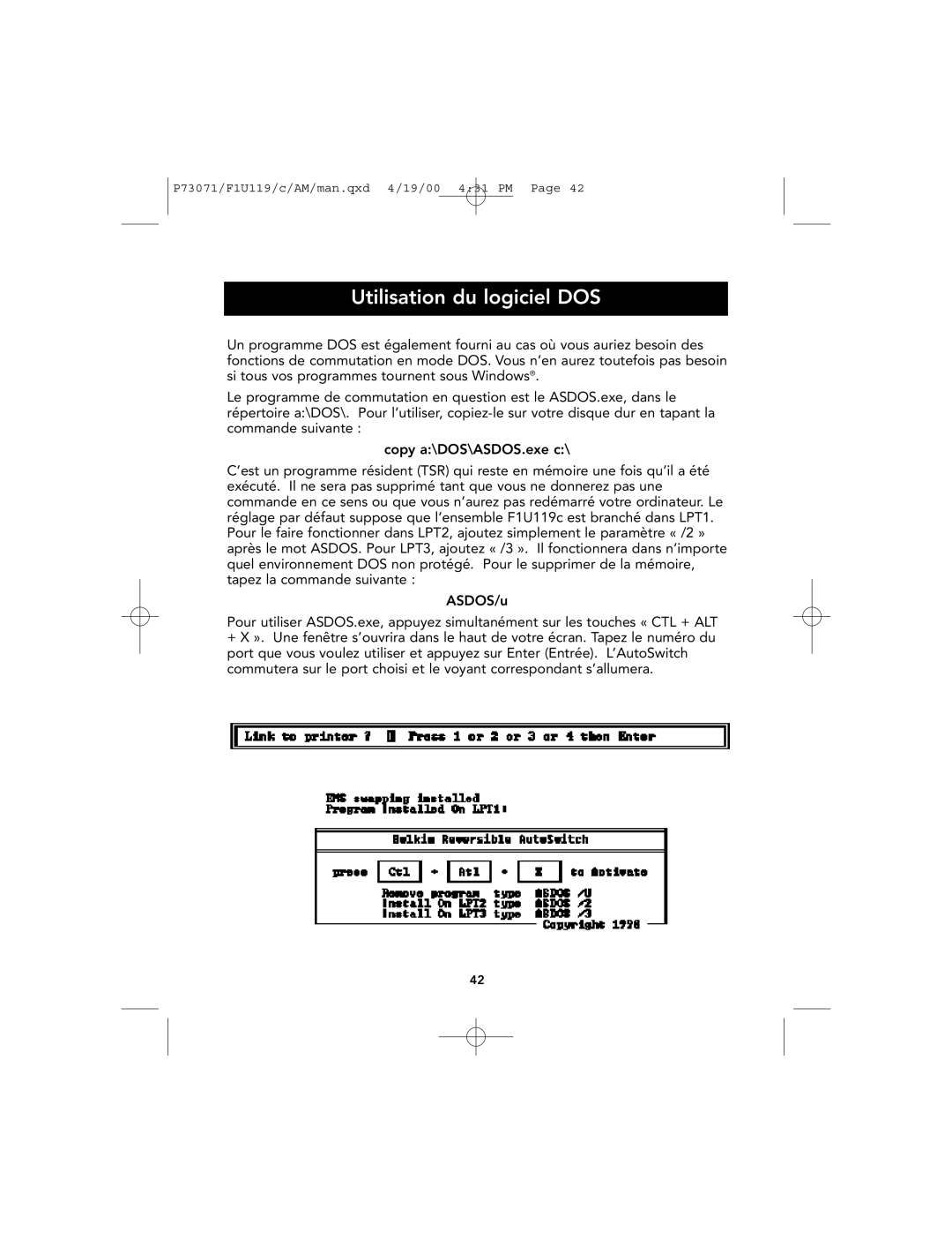 Belkin F1U119 user manual Utilisation du logiciel DOS 