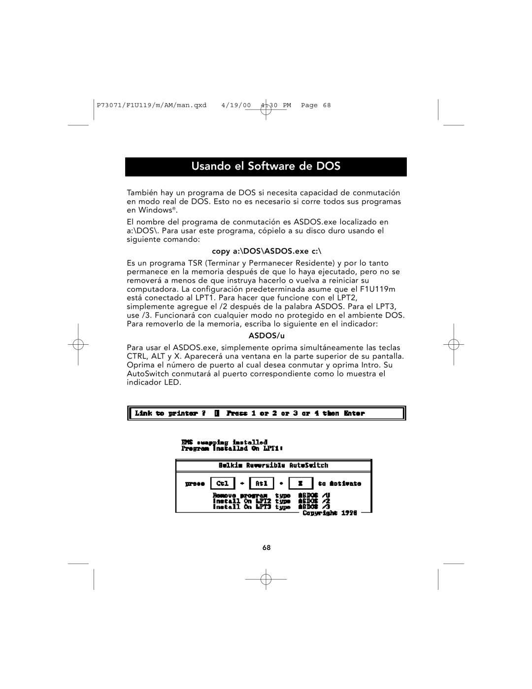 Belkin F1U119 user manual Usando el Software de DOS 