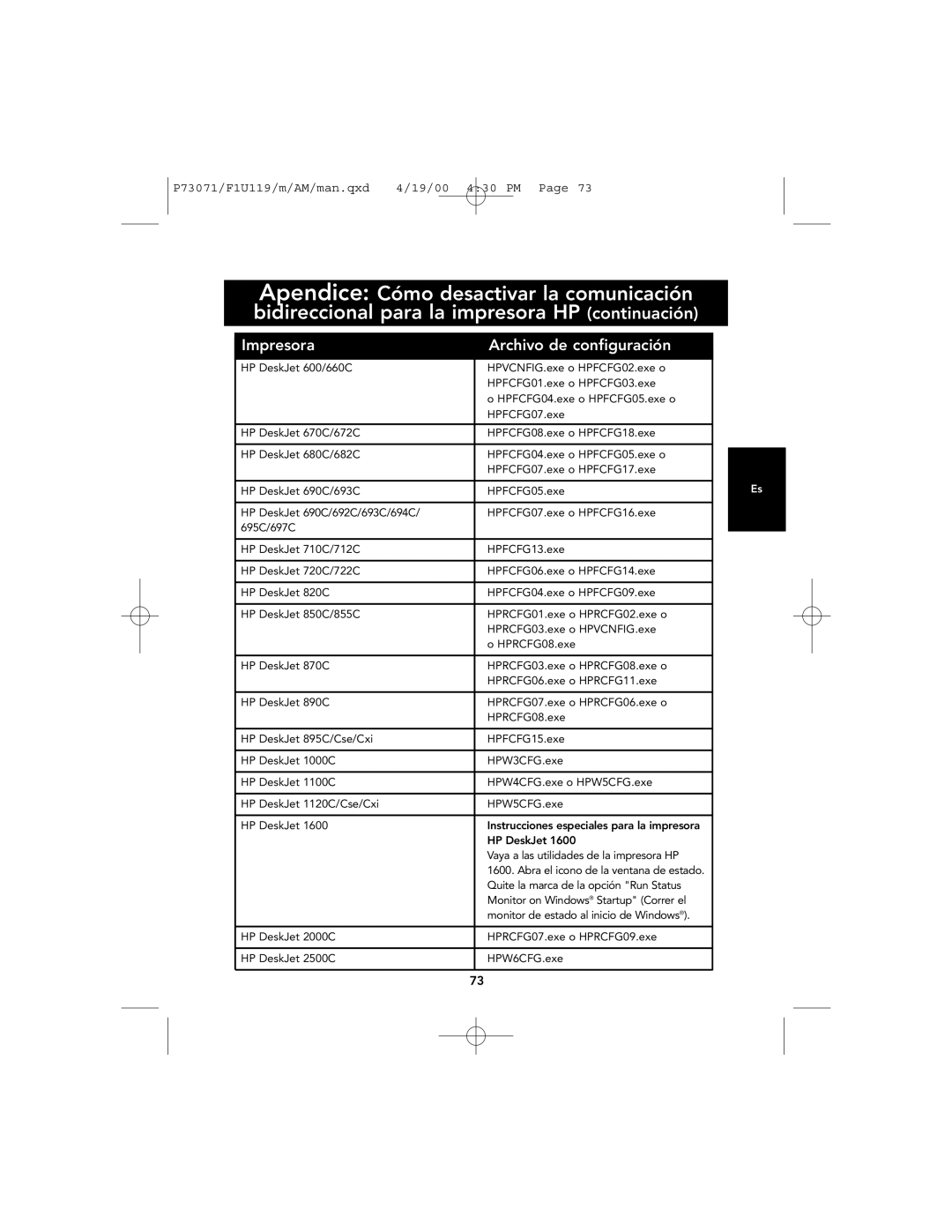 Belkin user manual Impresora, Archivo de configuración, P73071/F1U119/m/AM/man.qxd, 4/19/00 430 PM Page 