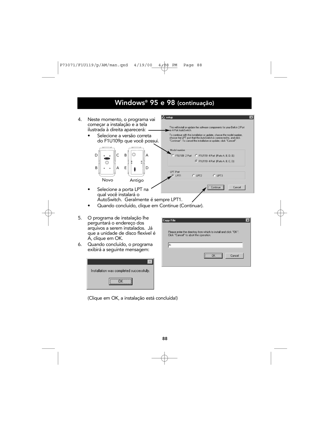 Belkin F1U119 user manual Windows 95 e 98 continuação 