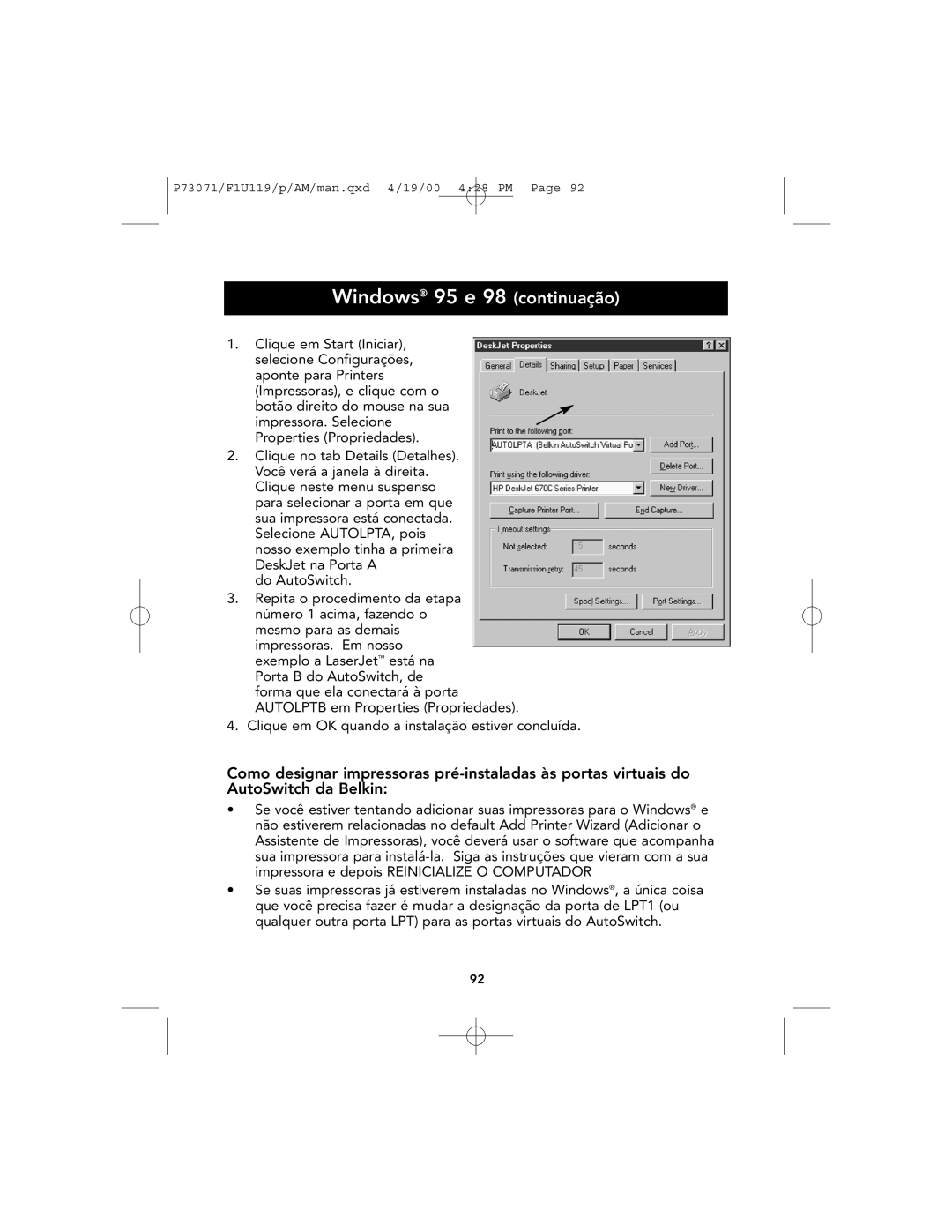 Belkin F1U119 user manual Windows 95 e 98 continuação, Clique em Start Iniciar 