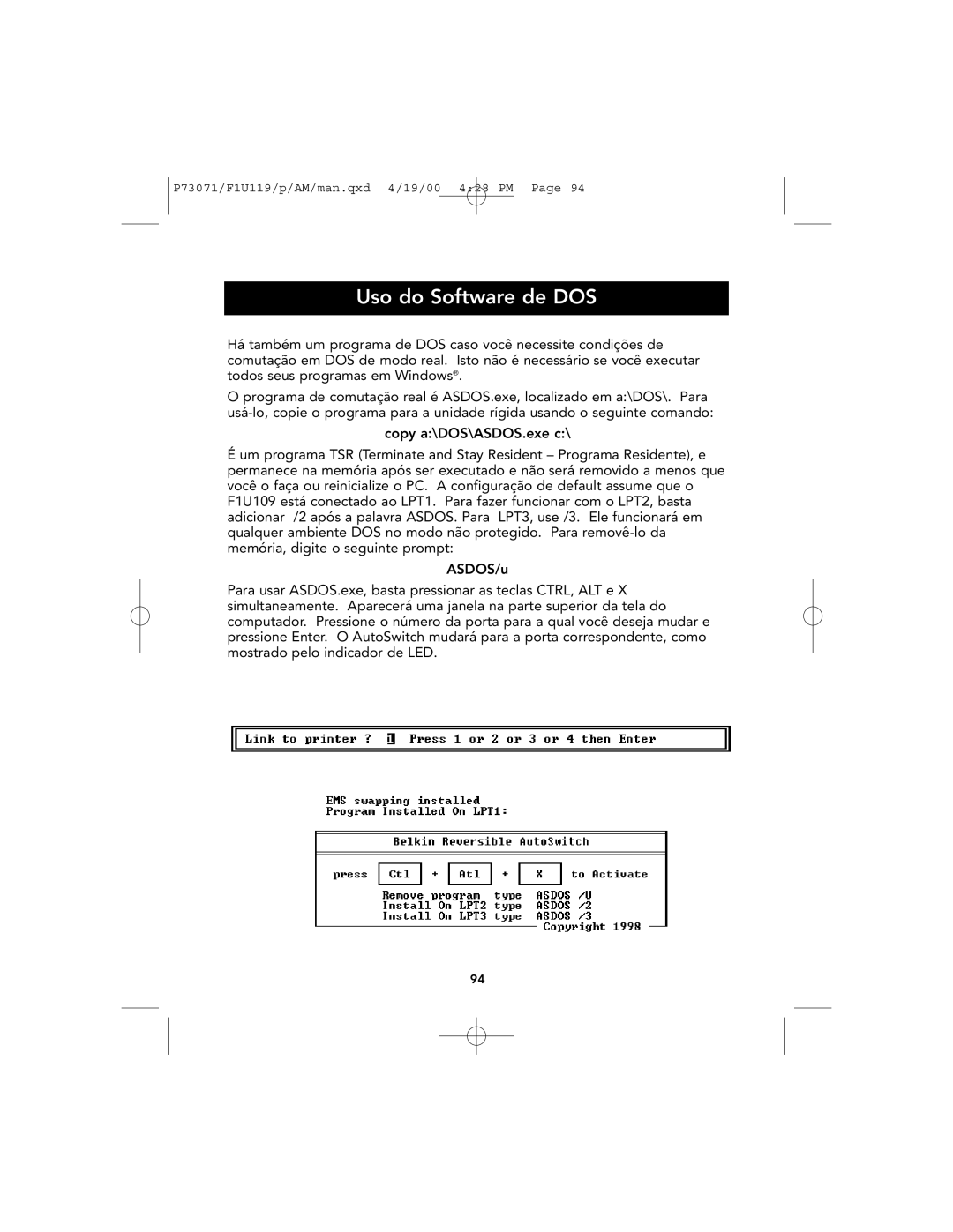 Belkin F1U119 user manual Uso do Software de DOS 