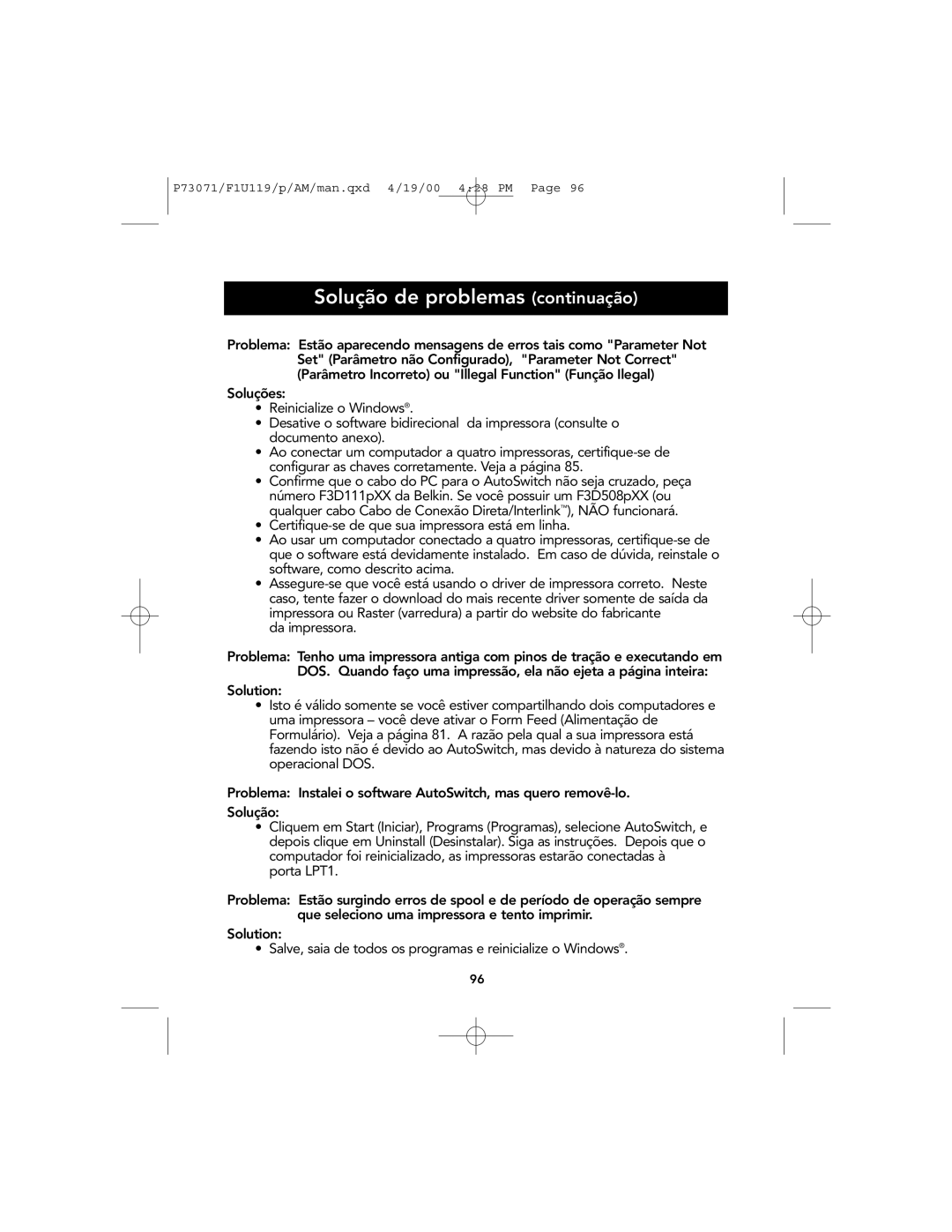 Belkin F1U119 user manual Solução de problemas continuação, Da impressora 