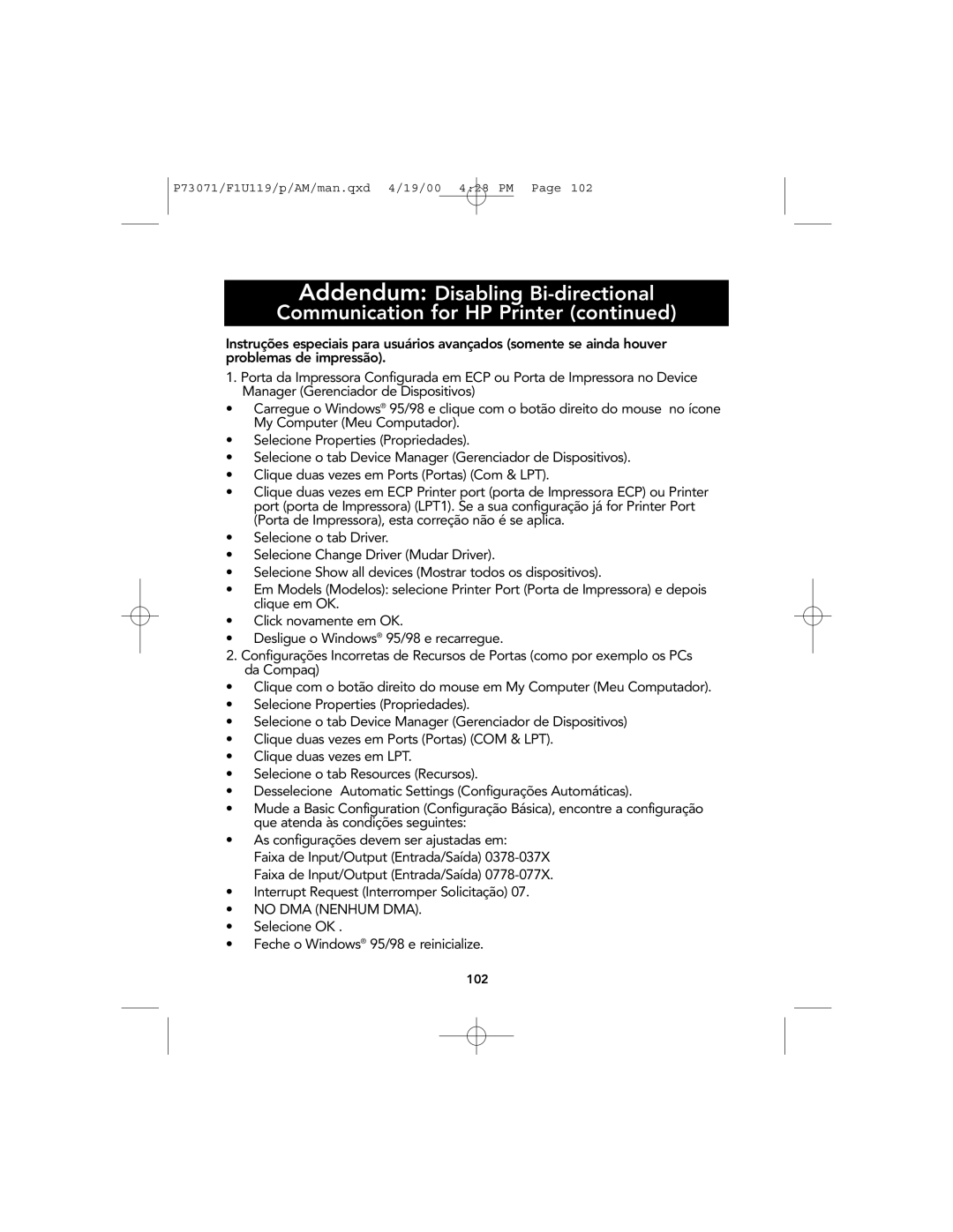 Belkin F1U119 user manual Interrupt Request Interromper Solicitação, No DMA Nenhum DMA 