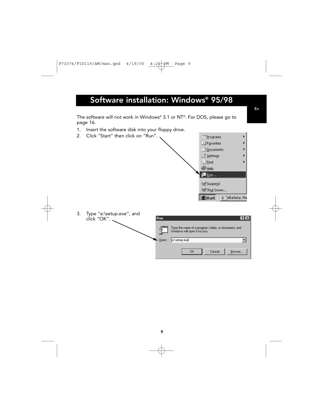 Belkin F1U119 user manual Software installation Windows 95/98 