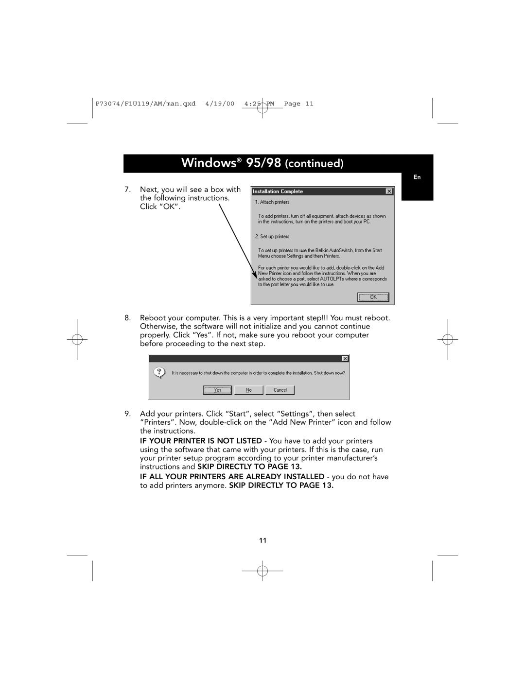 Belkin F1U119 user manual Windows 95/98 