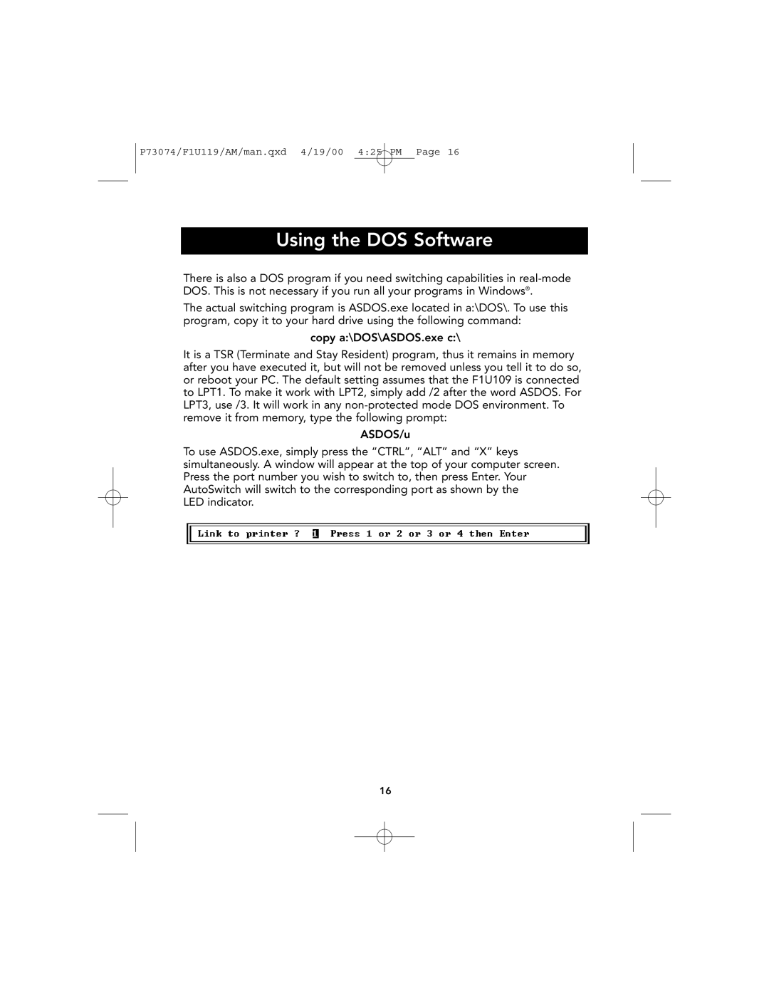 Belkin F1U119 user manual Using the DOS Software 