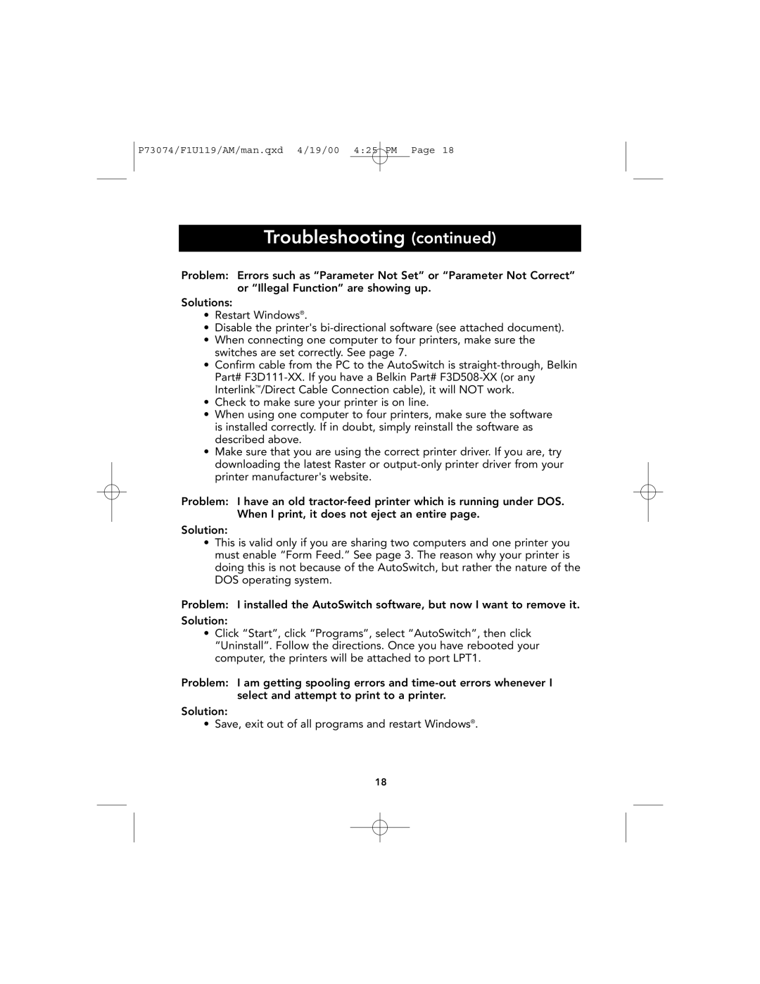 Belkin F1U119 user manual Troubleshooting 