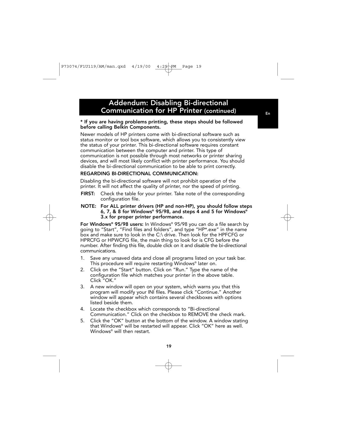 Belkin F1U119 user manual Regarding BI-DIRECTIONAL Communication 