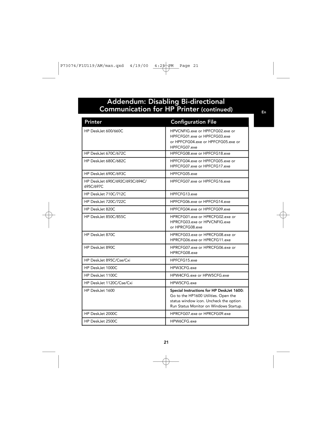 Belkin F1U119 user manual Printer Configuration File 