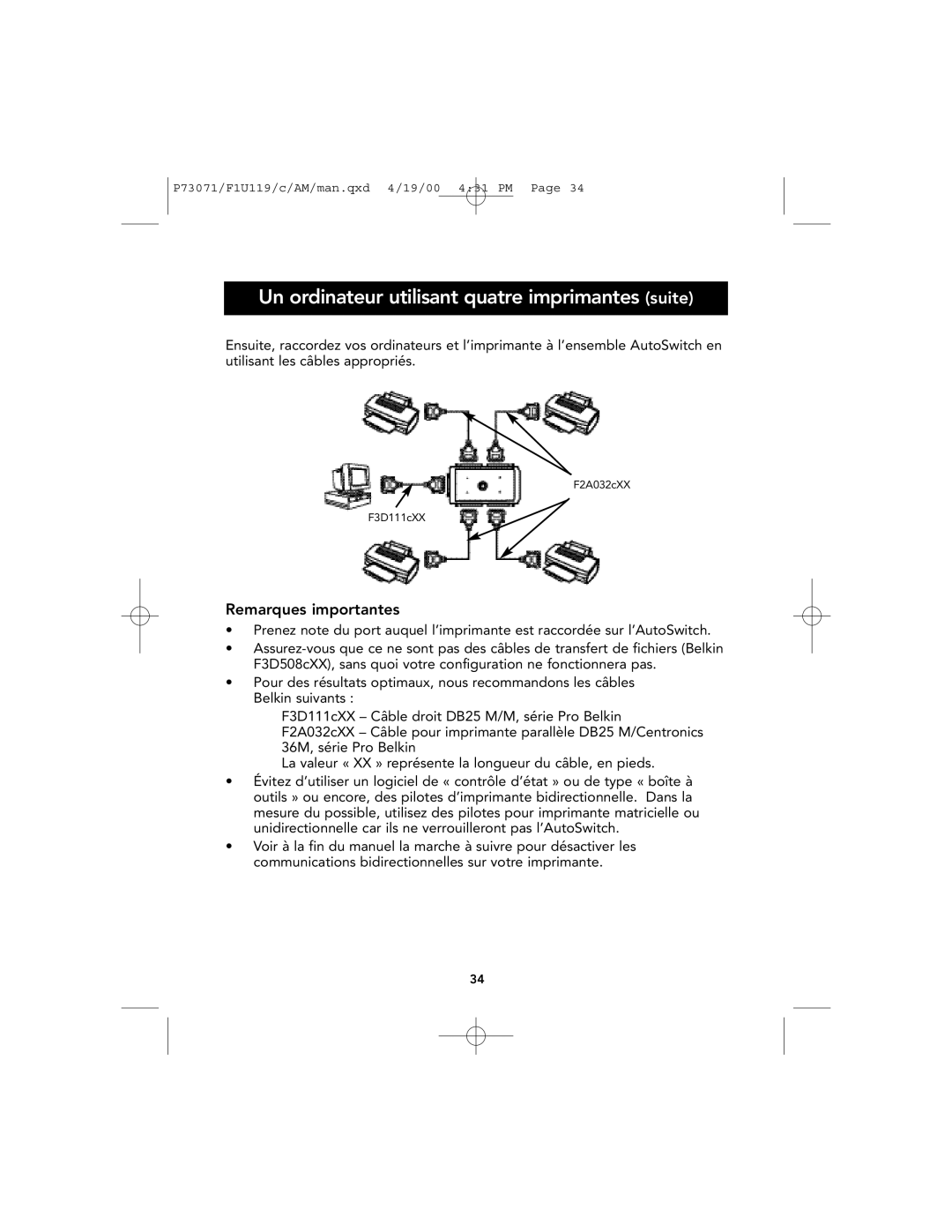 Belkin F1U119 user manual Un ordinateur utilisant quatre imprimantes suite, Remarques importantes 