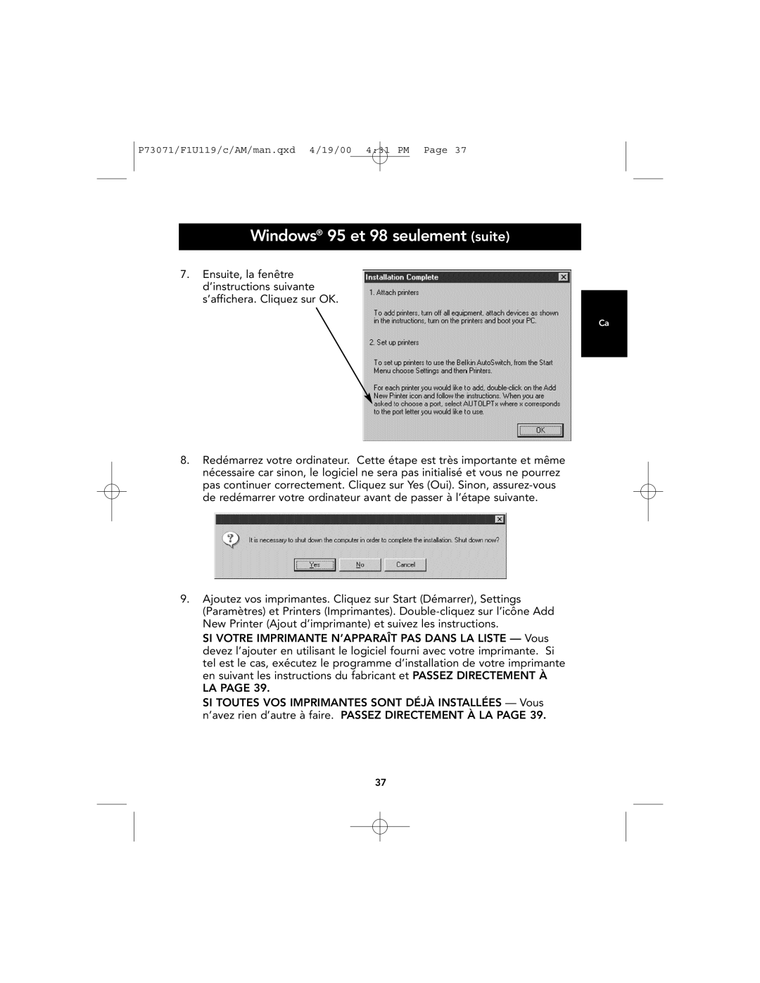 Belkin F1U119 user manual Windows 95 et 98 seulement suite 