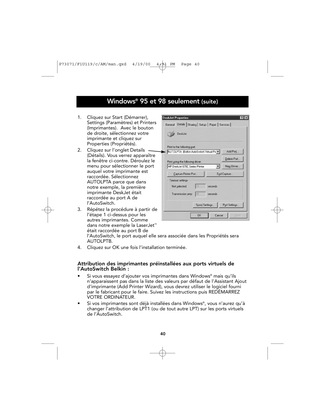 Belkin F1U119 user manual Autolptb, Cliquez sur OK une fois l’installation terminée 