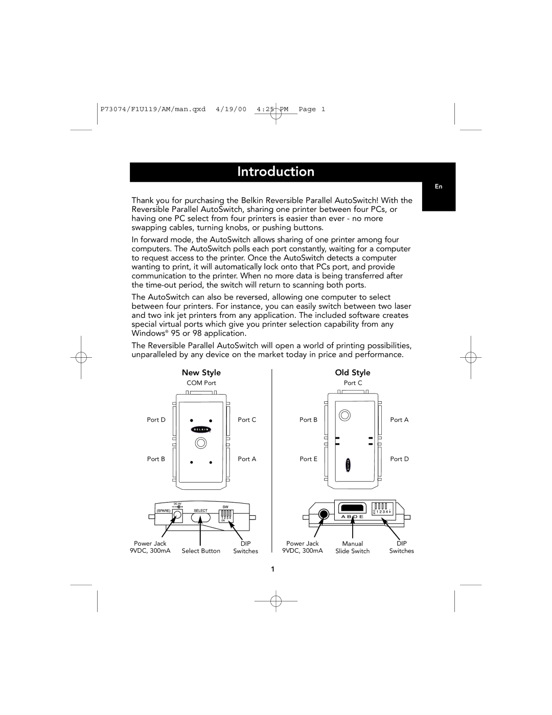 Belkin F1U119 user manual Introduction, Old Style 