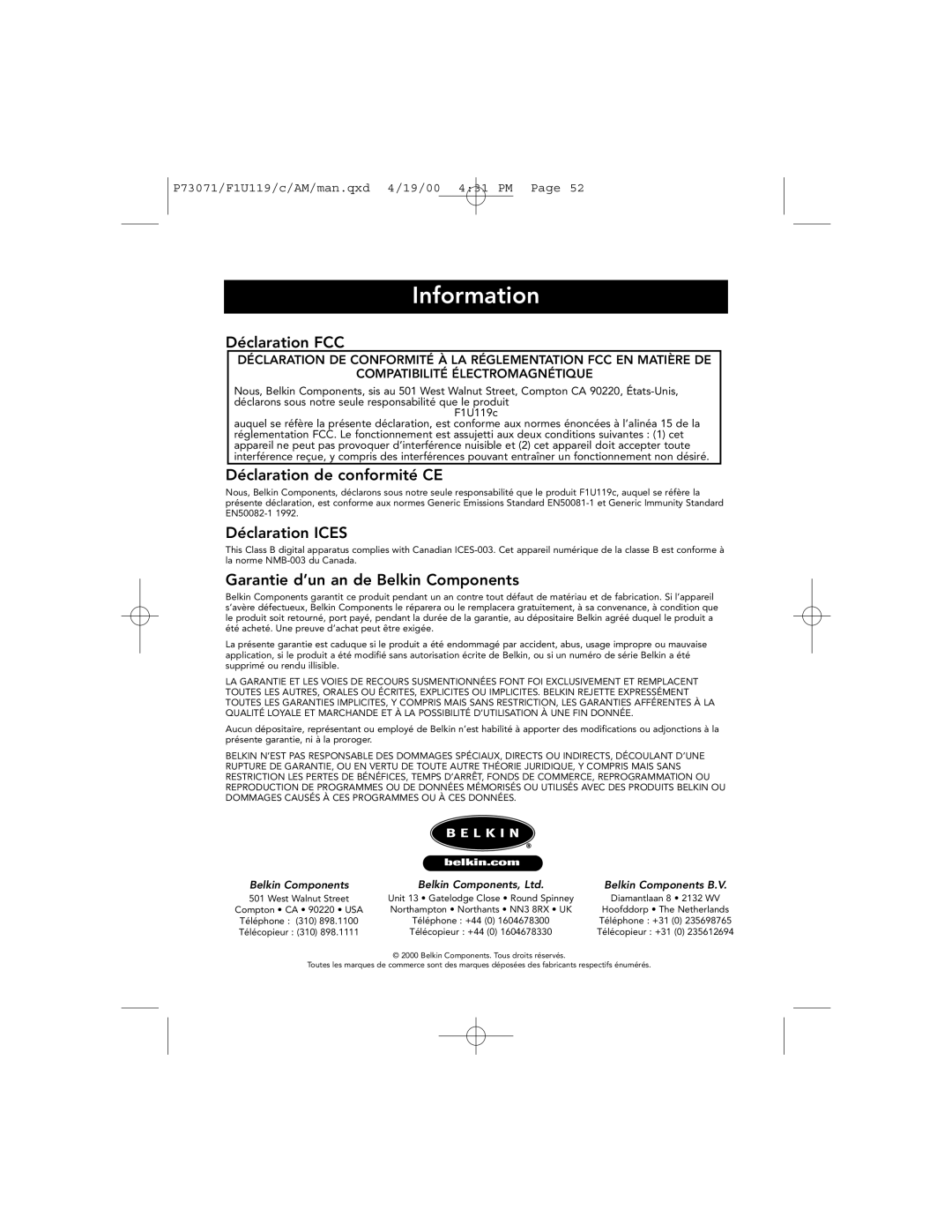 Belkin F1U119 Déclaration FCC, Déclaration de conformité CE, Déclaration Ices, Garantie d’un an de Belkin Components 