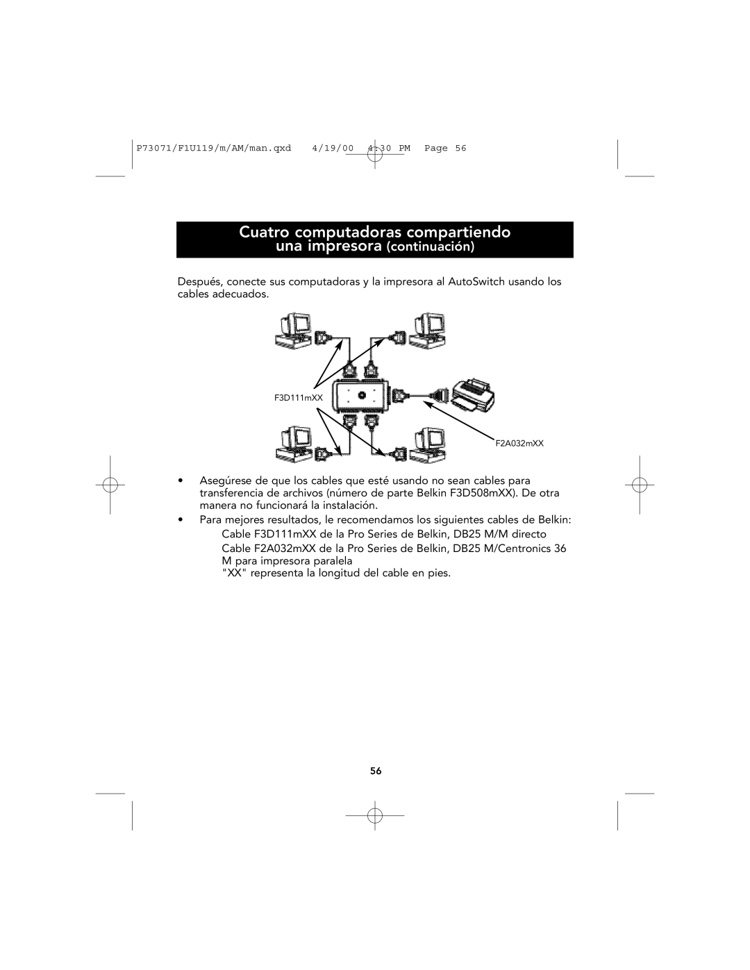 Belkin F1U119 user manual Cuatro computadoras compartiendo Una impresora continuación 