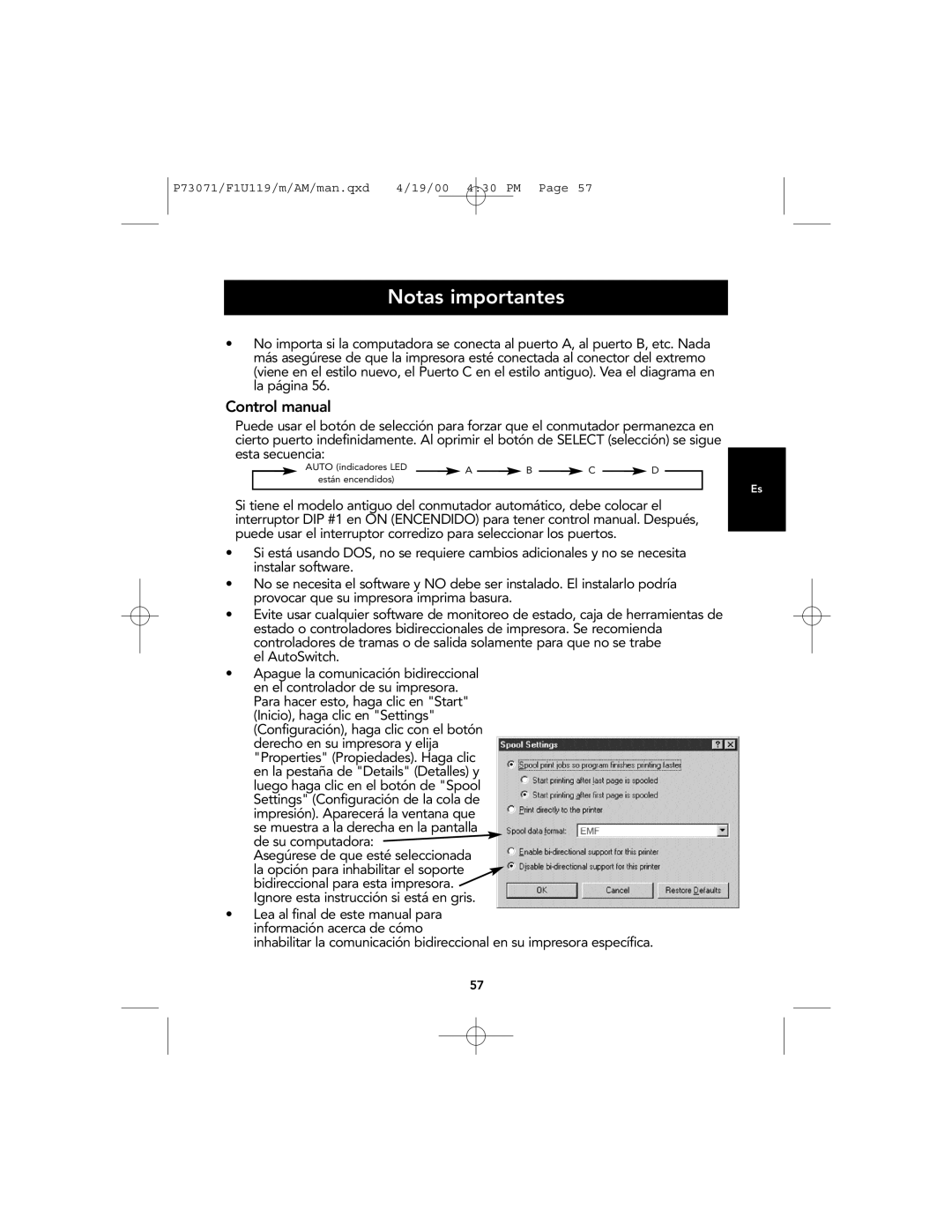 Belkin F1U119 user manual Notas importantes, Control manual, El AutoSwitch 