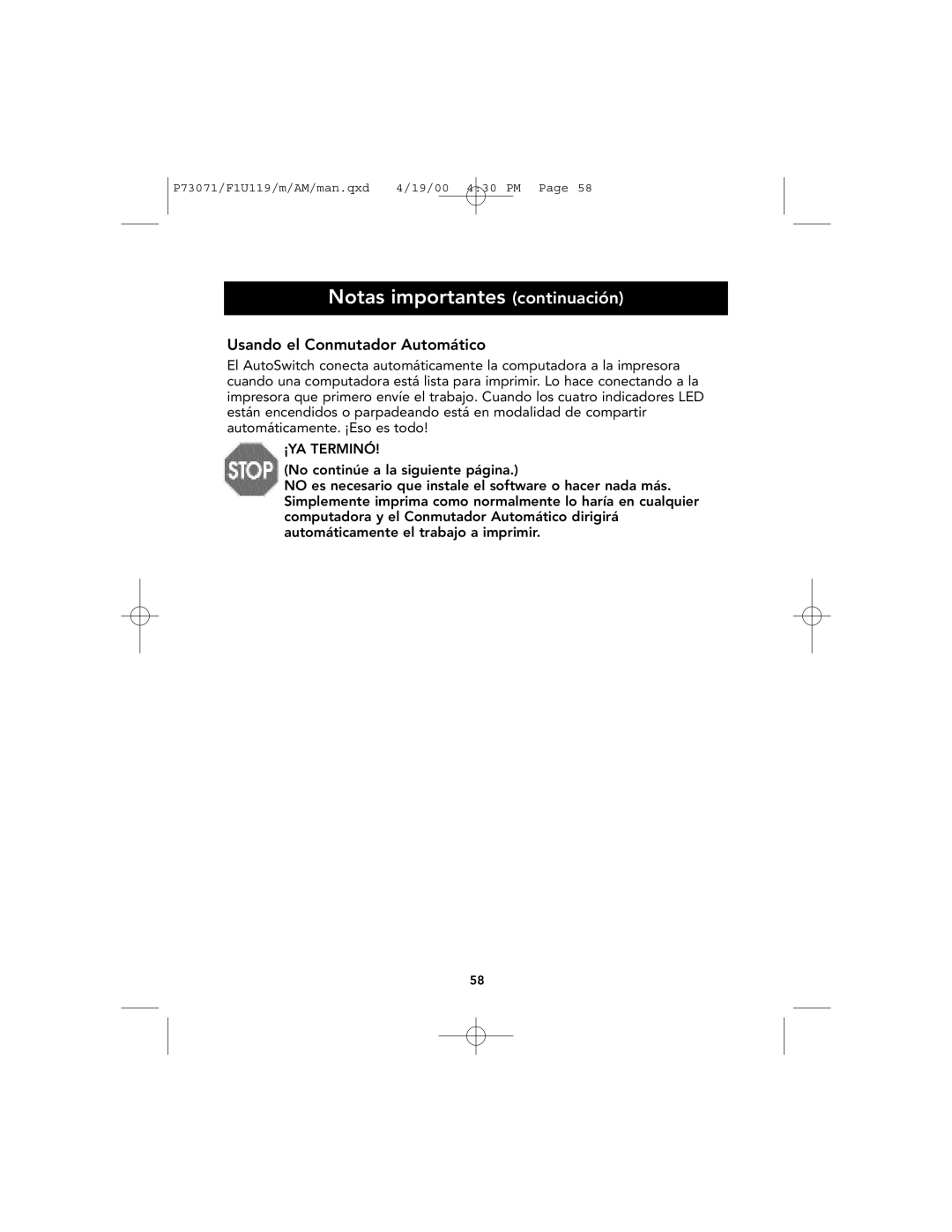 Belkin F1U119 user manual Notas importantes continuación, Usando el Conmutador Automático, ¡YA Terminó 