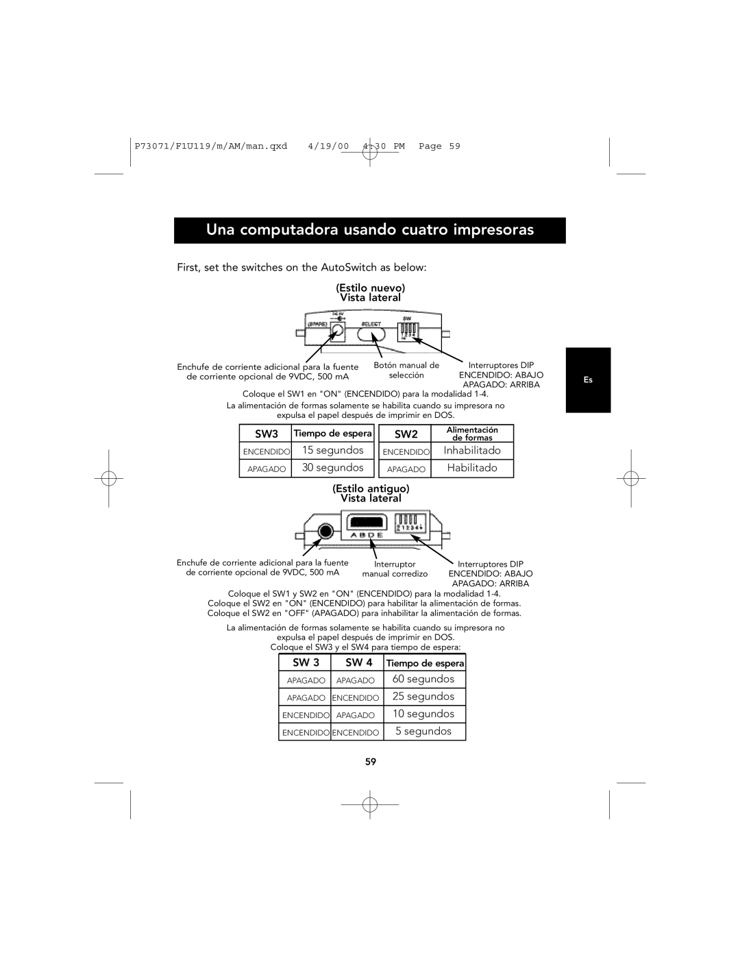 Belkin F1U119 user manual Una computadora usando cuatro impresoras, Inhabilitado, Habilitado 