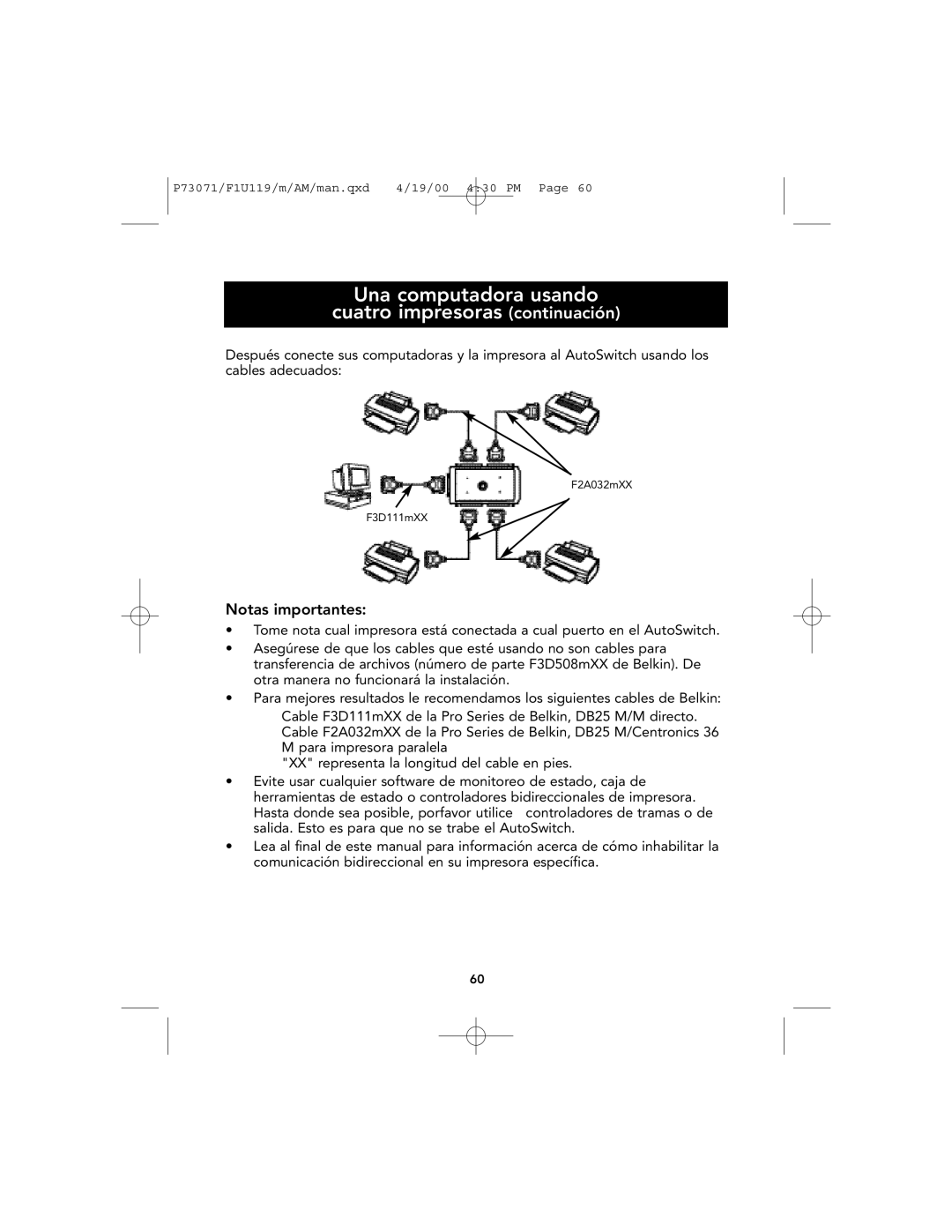 Belkin F1U119 user manual Una computadora usando Cuatro impresoras continuación, Notas importantes 