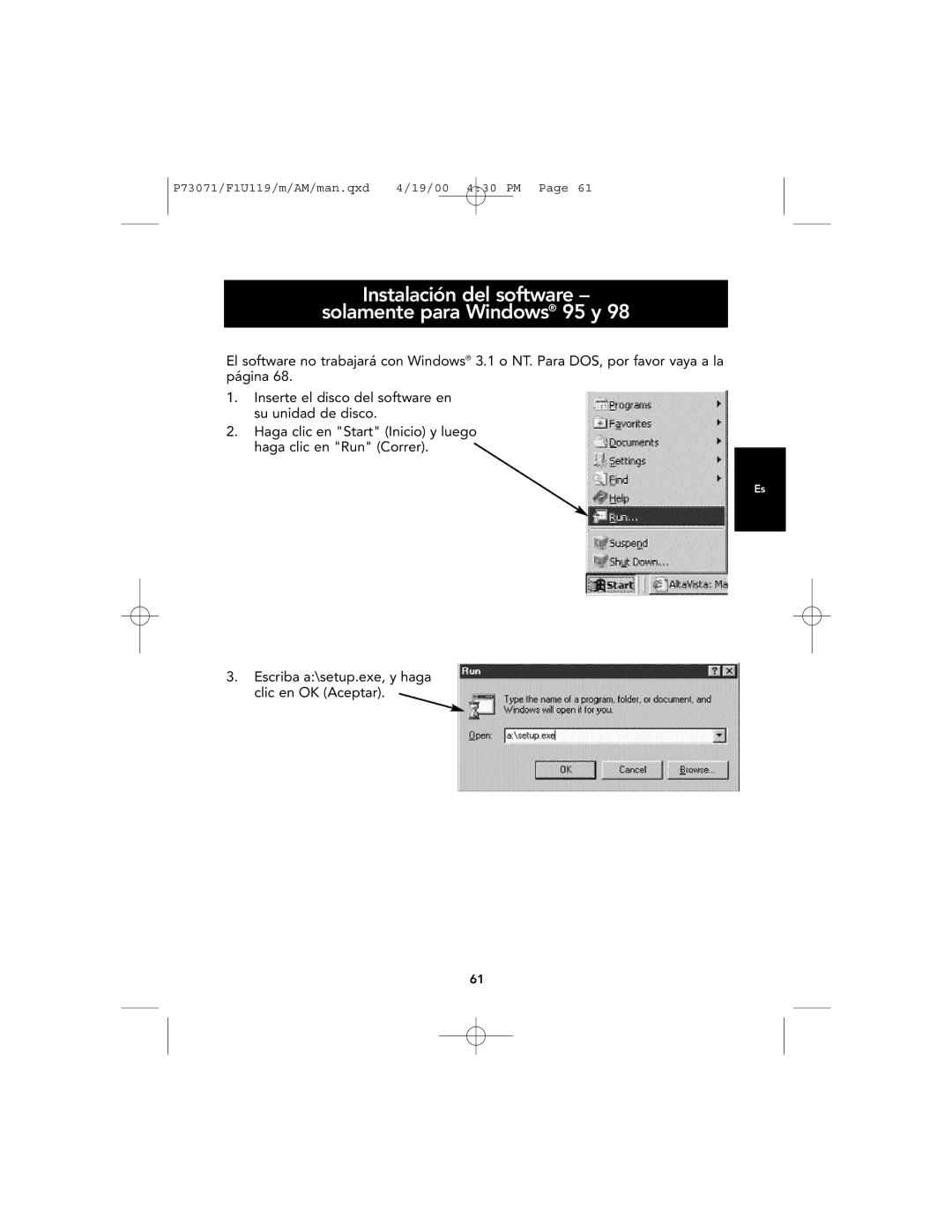 Belkin F1U119 user manual Instalación del software Solamente para Windows 95 y 