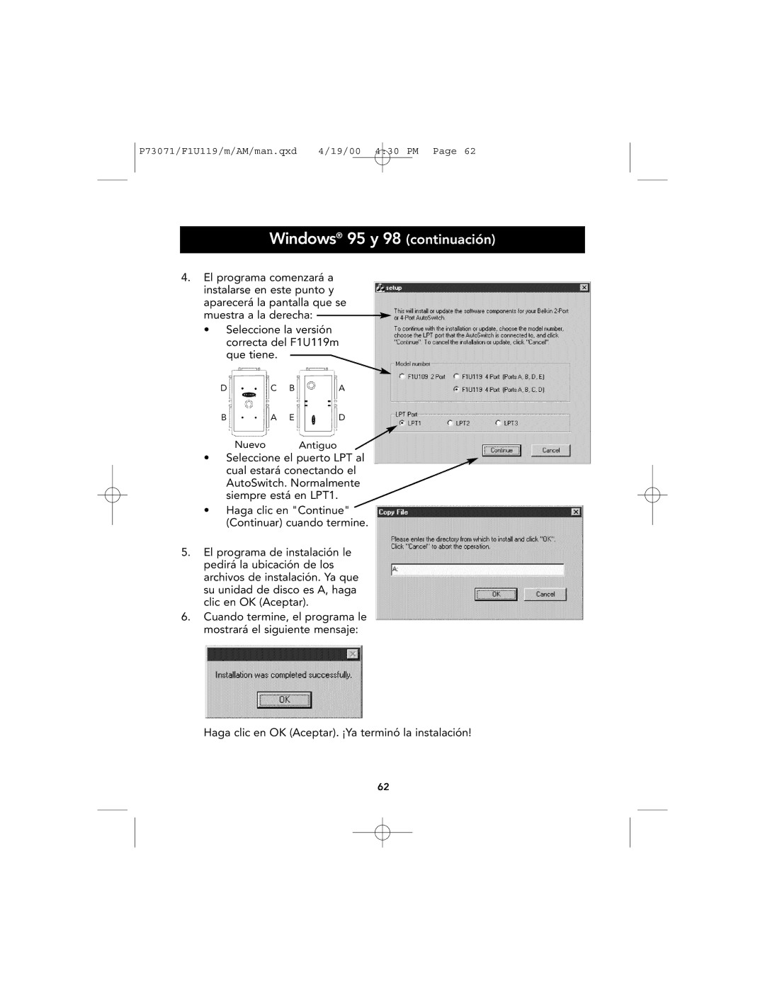 Belkin F1U119 user manual Windows 95 y 98 continuación 