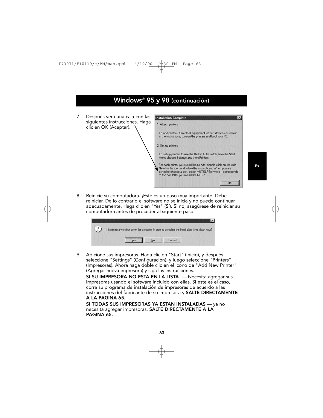 Belkin F1U119 user manual Windows 95 y 98 continuación 