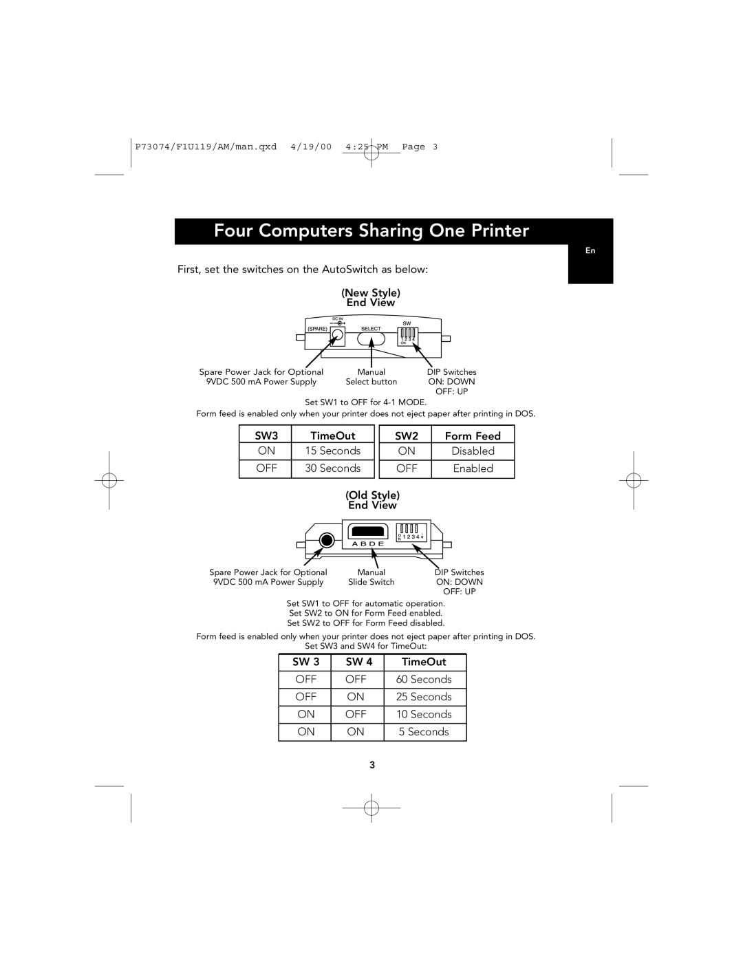 Belkin F1U119 user manual Four Computers Sharing One Printer, SW3, Off, SW2 