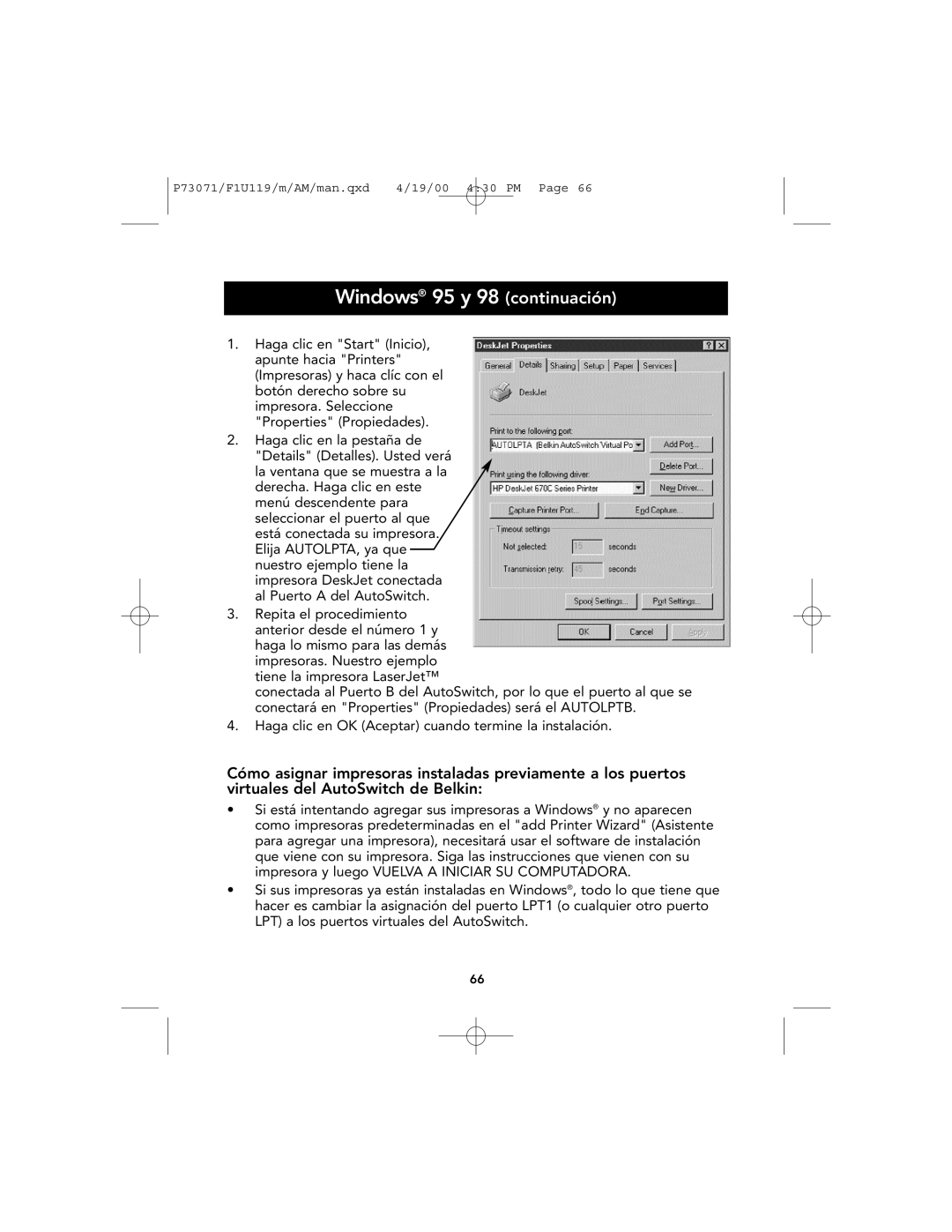 Belkin F1U119 user manual Windows 95 y 98 continuación 