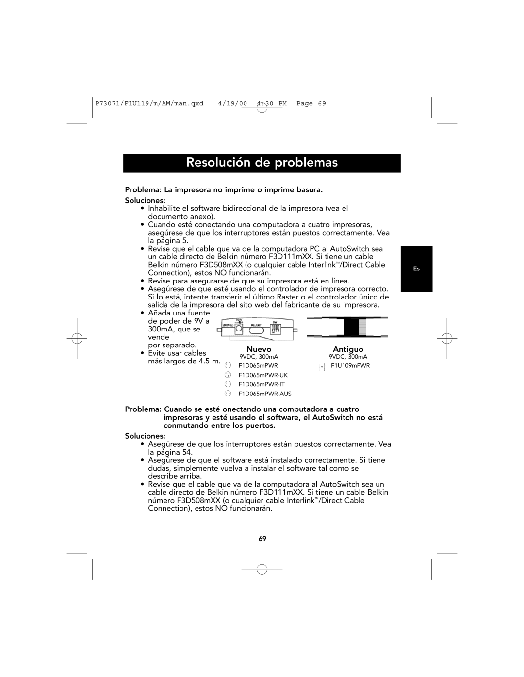 Belkin F1U119 user manual Resolución de problemas, Más largos de 4.5 m 