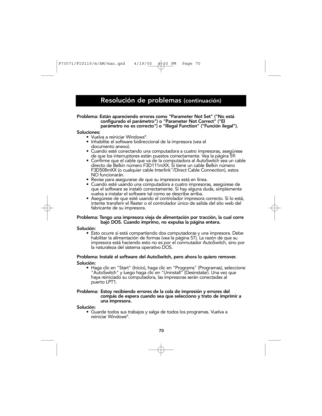 Belkin F1U119 user manual Resolución de problemas continuación 