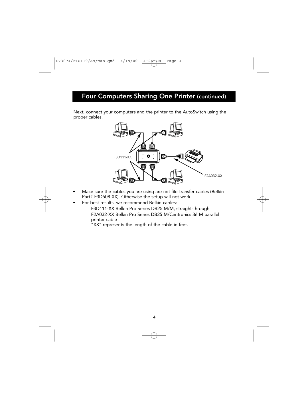 Belkin F1U119 user manual Four Computers Sharing One Printer 