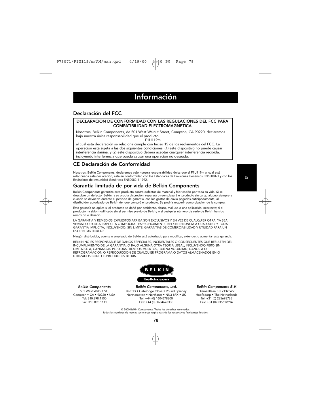 Belkin F1U119 user manual Información, Declaración del FCC, CE Declaración de Conformidad 