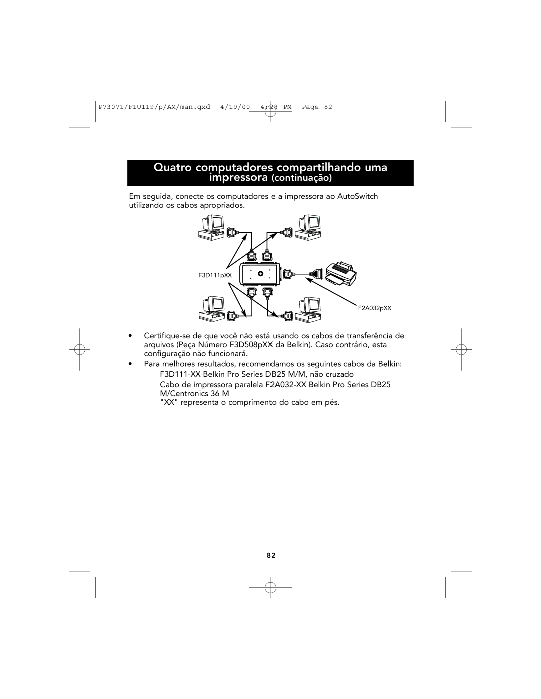 Belkin F1U119 user manual Quatro computadores compartilhando uma, Impressora continuação 