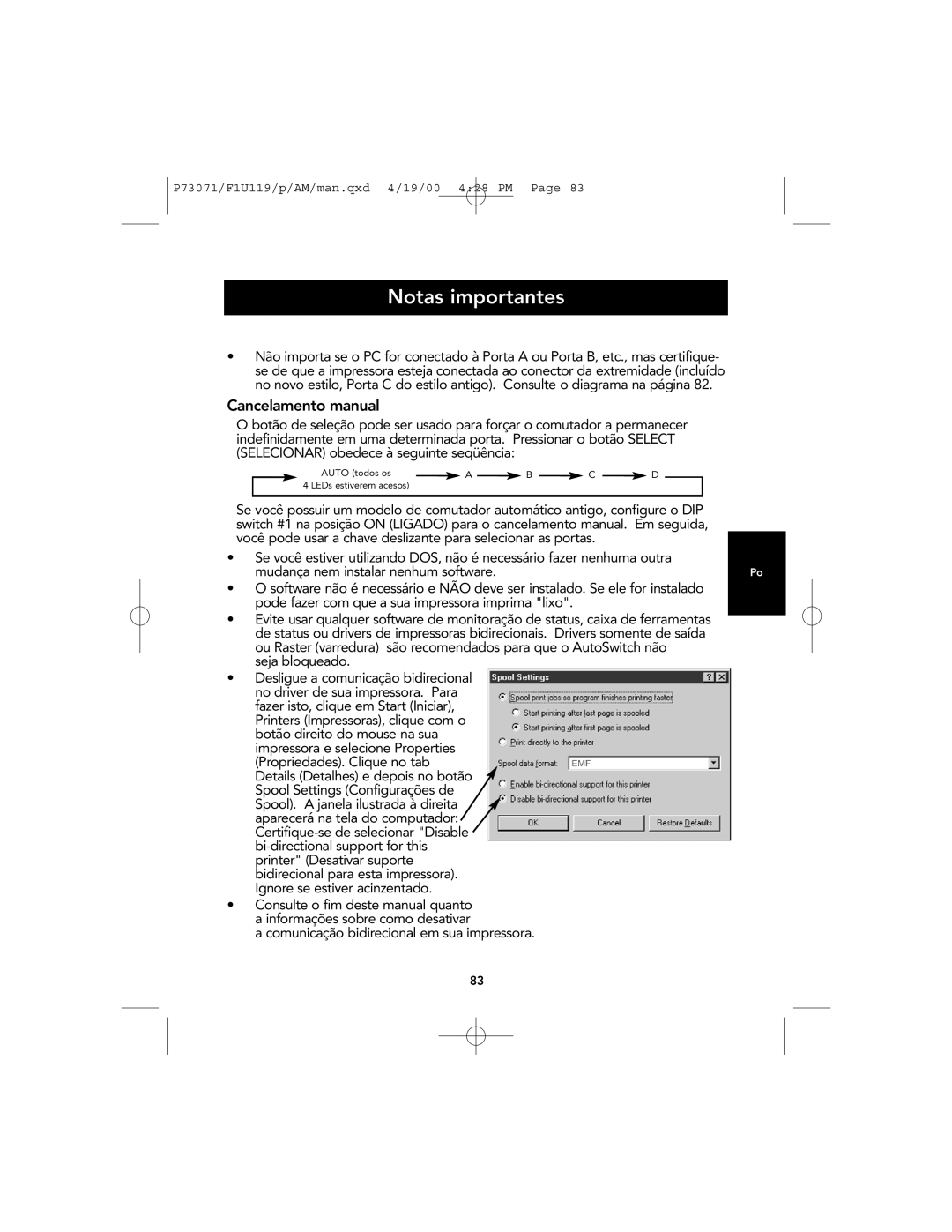 Belkin F1U119 user manual Cancelamento manual, Seja bloqueado, Comunicação bidirecional em sua impressora 