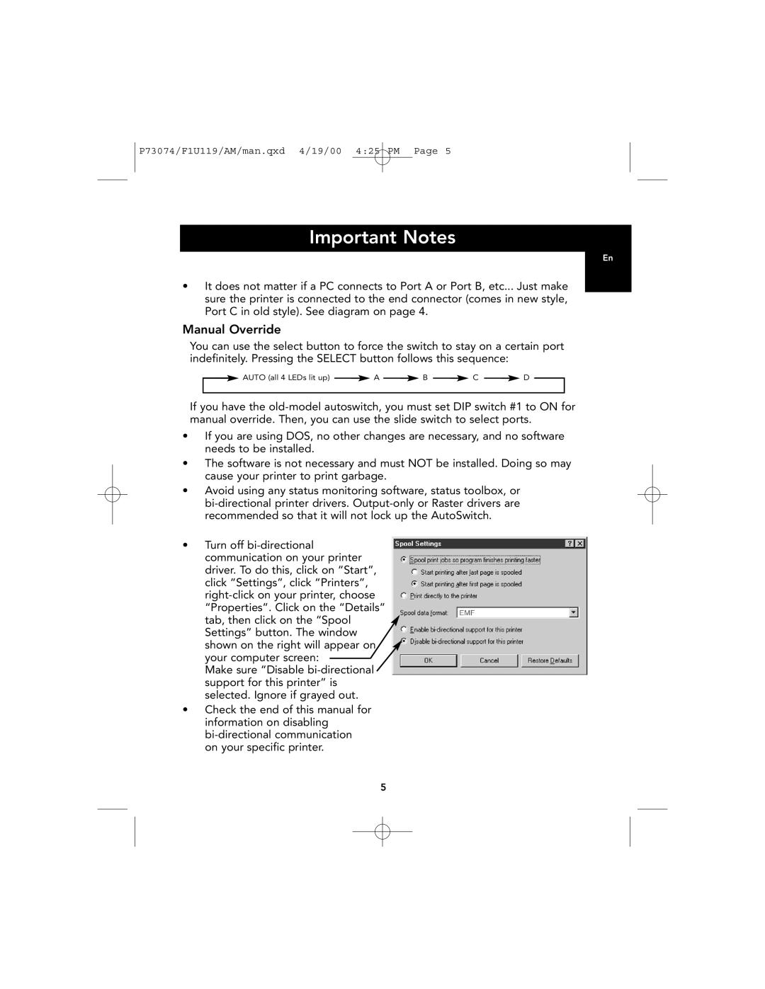 Belkin F1U119 user manual Important Notes, Manual Override 