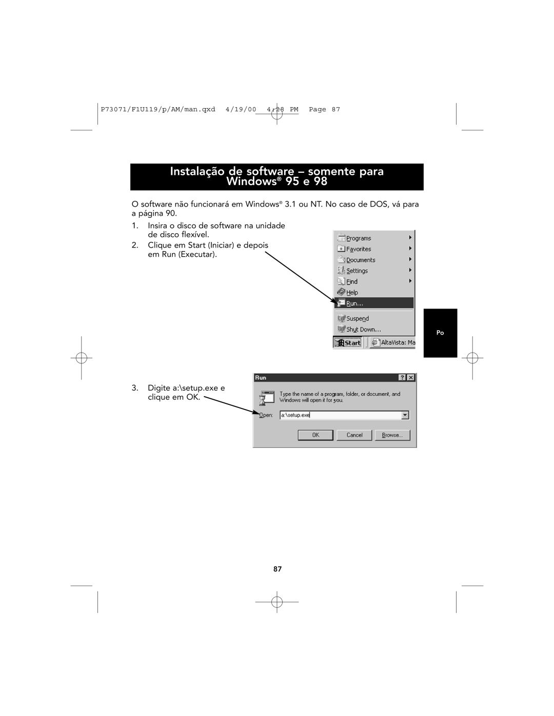 Belkin F1U119 user manual Instalação de software somente para Windows 95 e 