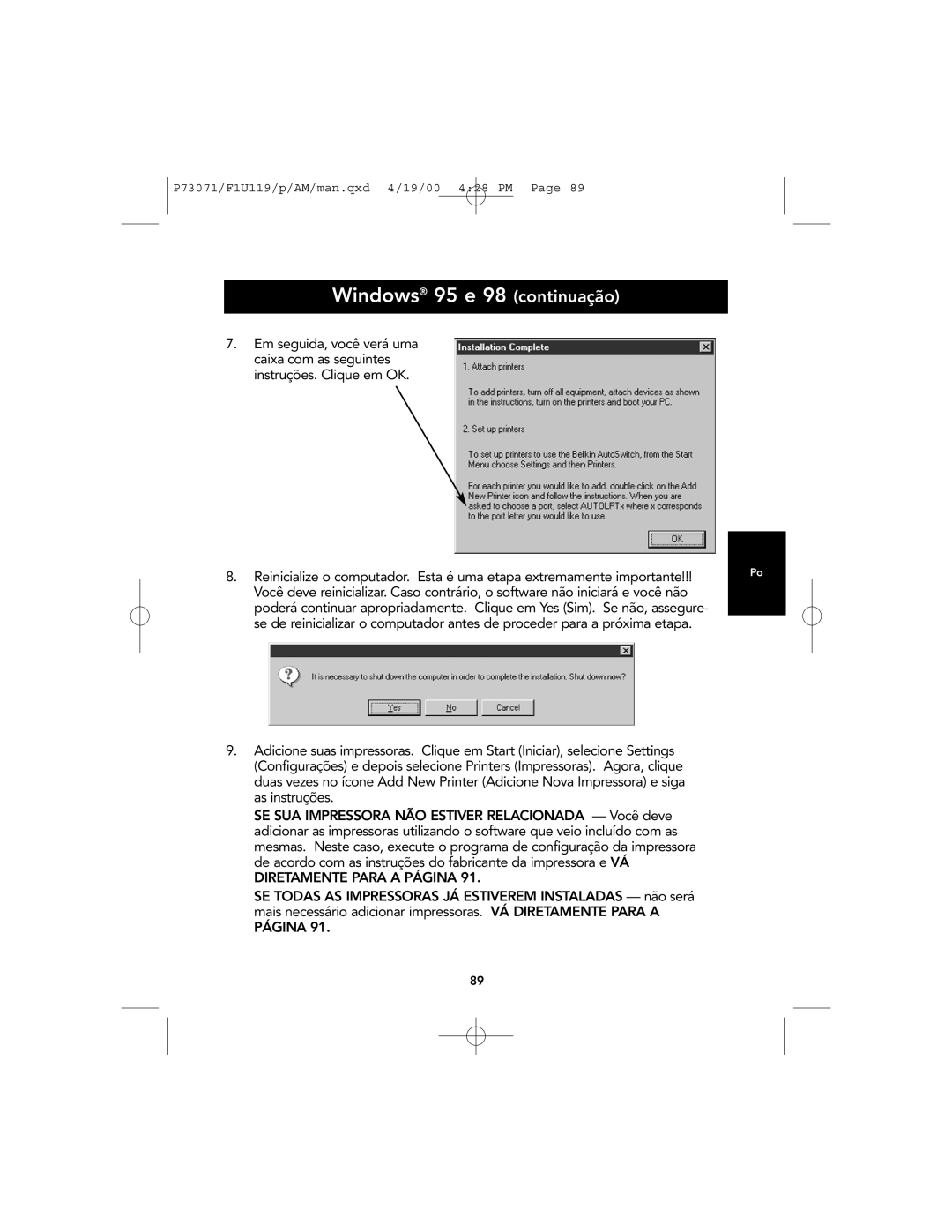 Belkin F1U119 user manual Windows 95 e 98 continuação 