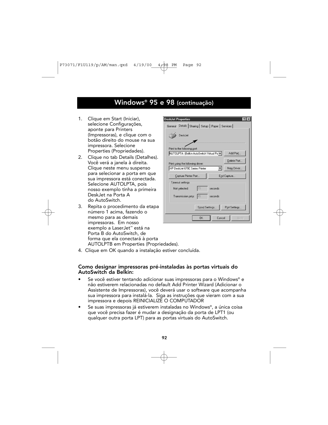 Belkin F1U119 user manual Windows 95 e 98 continuação 