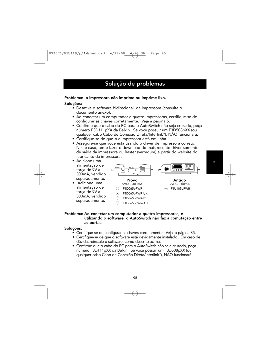 Belkin F1U119 user manual Solução de problemas, 300mA, vendido Separadamente 