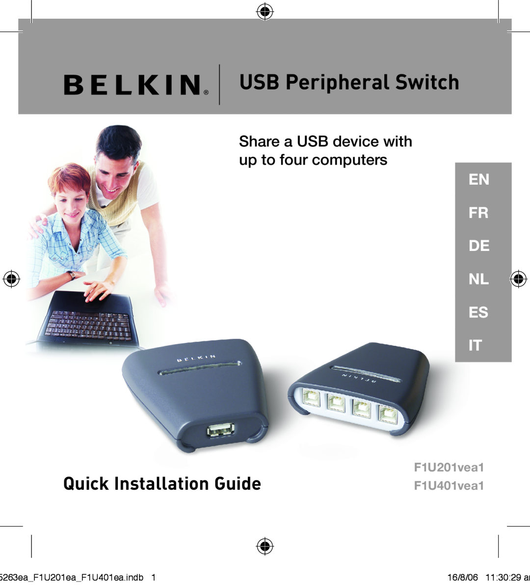 Belkin F1U201VEA1 manual USB Peripheral Switch, Quick Installation Guide, Share a USB device with up to four computers 