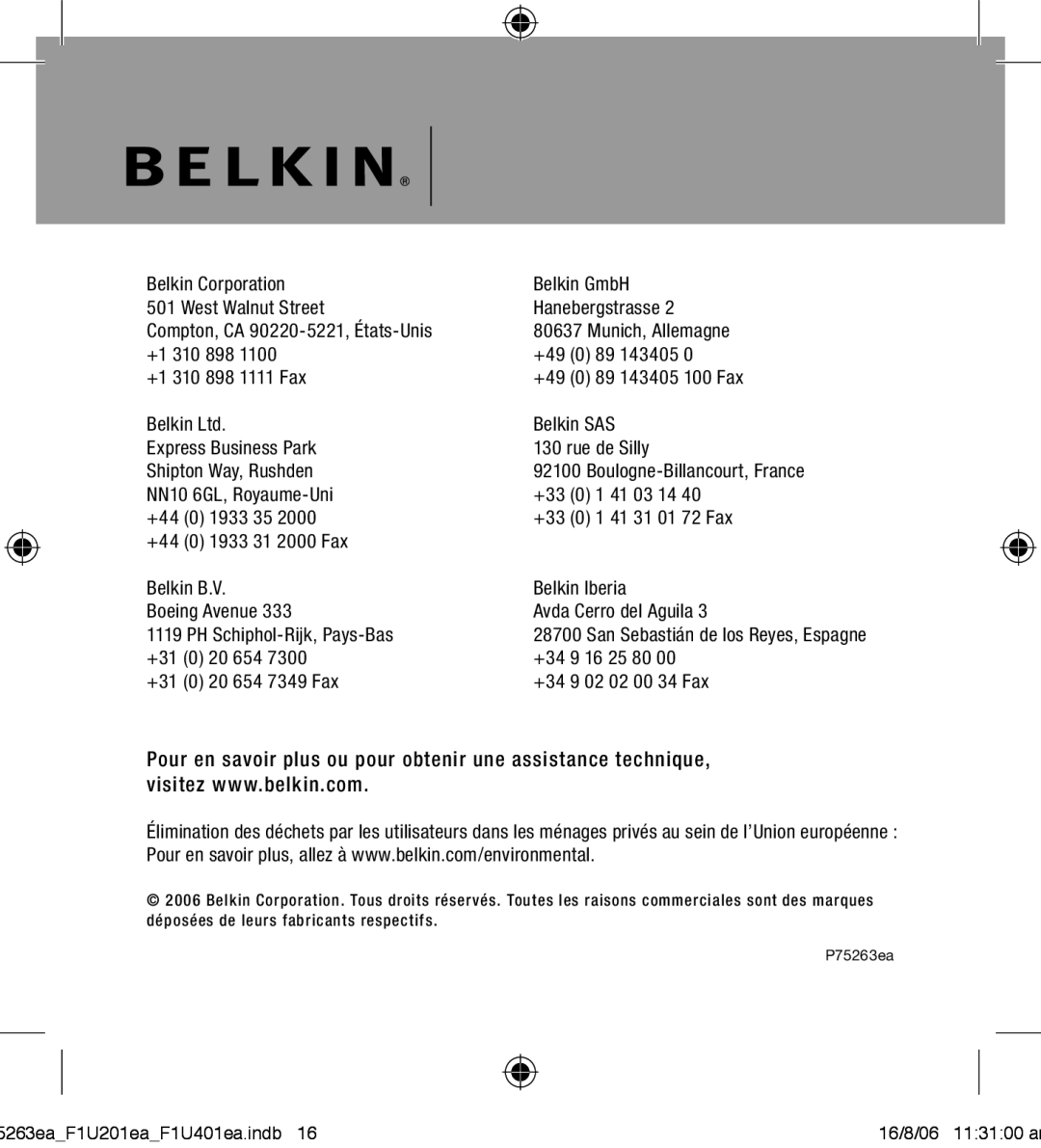 Belkin F1U201VEA1 manual Belkin Corporation 