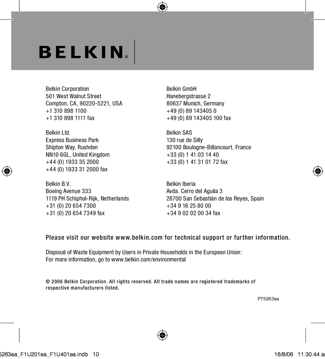 Belkin F1U201VEA1 manual 5263eaF1U201eaF1U401ea.indb 16/8/06 113044 a 