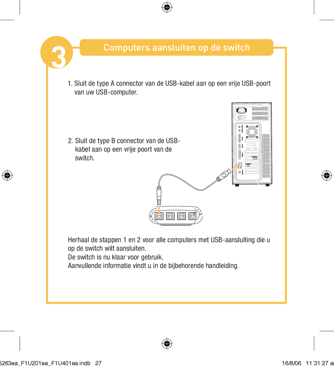 Belkin F1U201VEA1 manual Computers aansluiten op de switch 