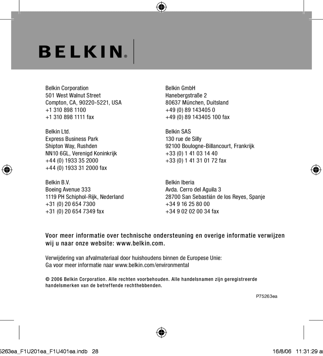 Belkin F1U201VEA1 manual NN10 6GL, Verenigd Koninkrijk 