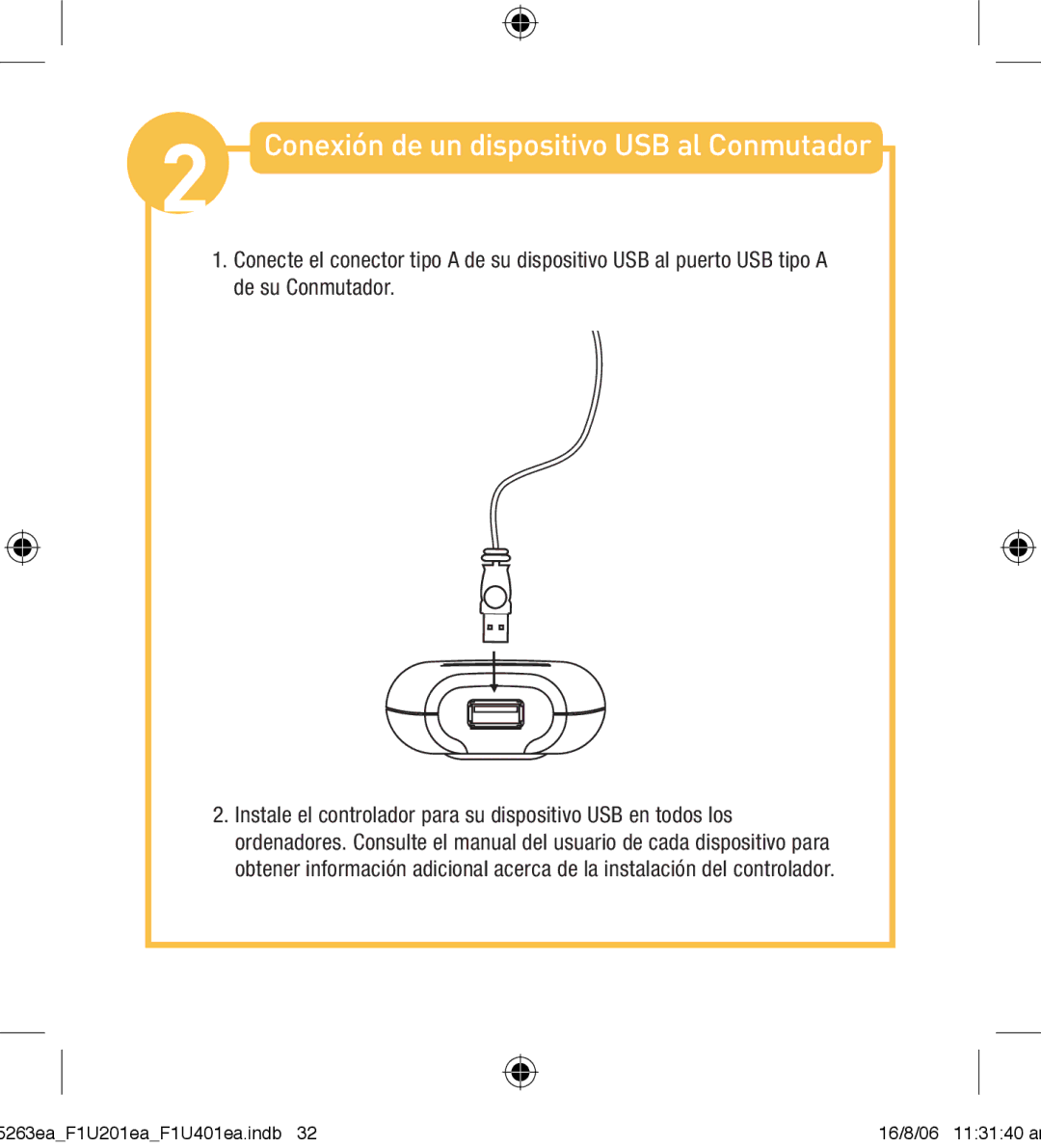 Belkin F1U201VEA1 manual Conexión de un dispositivo USB al Conmutador 