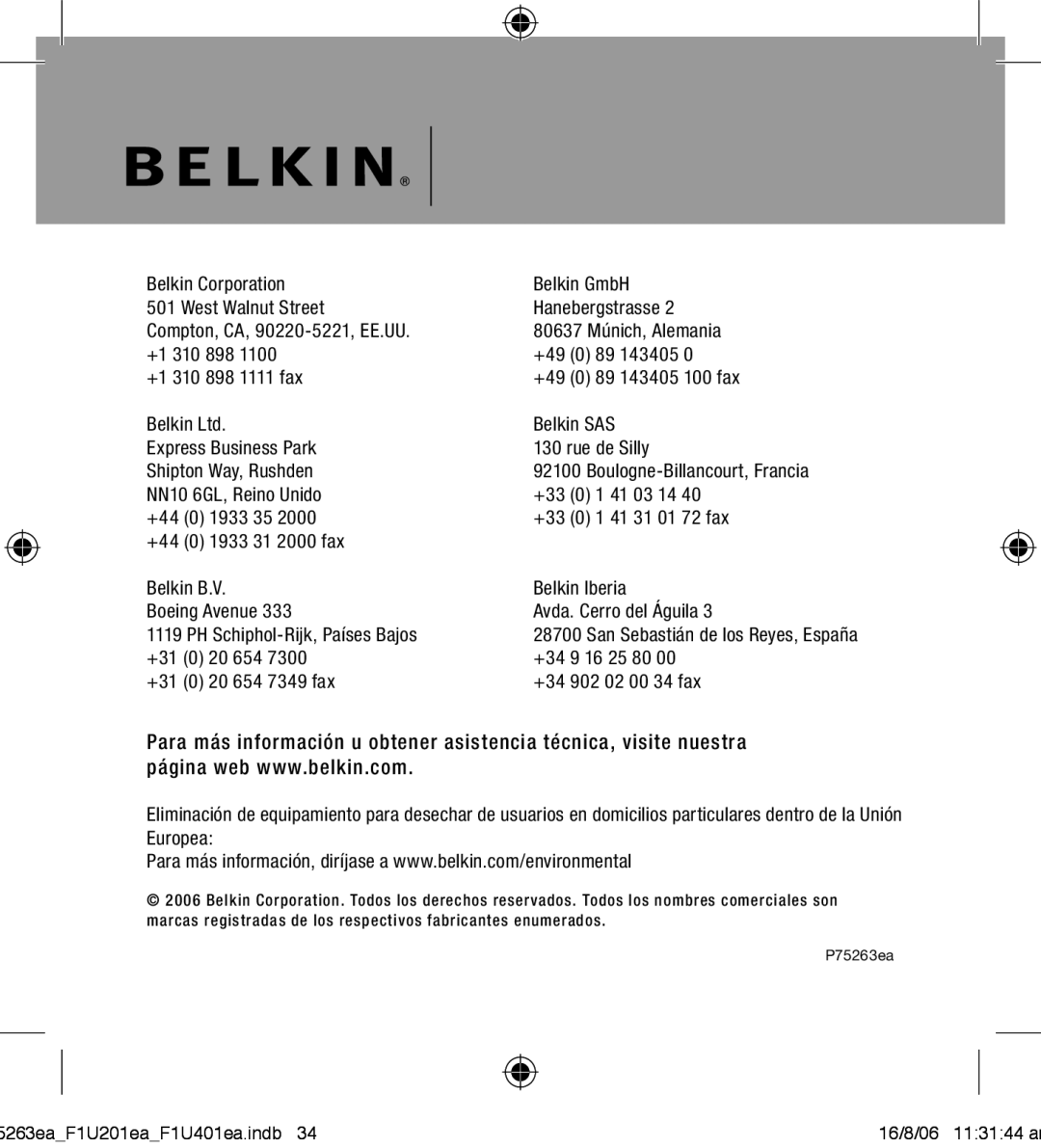 Belkin F1U201VEA1 manual 80637 Múnich, Alemania 