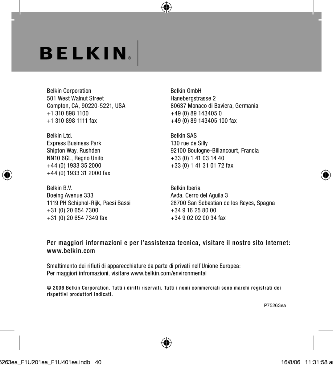 Belkin F1U201VEA1 manual NN10 6GL, Regno Unito 